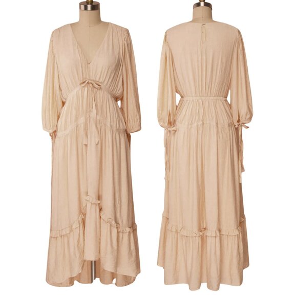 &Mercy Eilonwy Tiered Light Pink Midi Dress w/ 3/4 Puff Sleeves - Size Medium - Picture 3 of 10